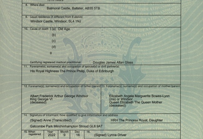 An extract from the entry for Britain’s late Queen Elizabeth in the Register of Deaths, which can also be referred to as a death certificate, published by the National Records of Scotland. Image: National Records of Scotland via Reuters