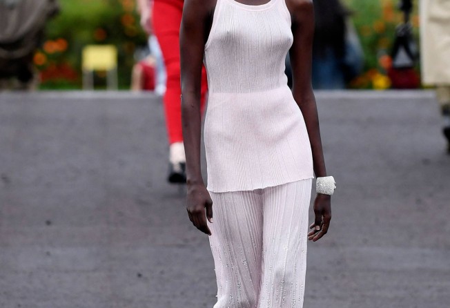 A slightly translucent ensemble worn by a model for Givenchy during the spring-summer 2023 fashion show as part of the Paris Womenswear Fashion Week, in Paris, on October 2. Photo: AFP