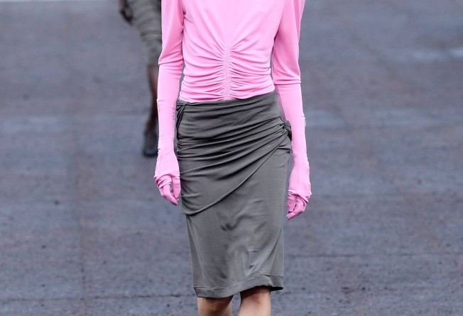 A pink and grey ensemble worn by a model for Givenchy during the spring-summer 2023 fashion show as part of the Paris Womenswear Fashion Week, in Paris, on October 2. Photo: AFP