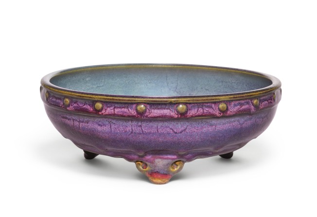 A purple-and-blue-glazed tripod narcissus bowl, from Hotung’s collection, that dates back to the early Ming dynasty. Photo: Sotheby’s