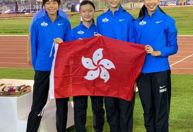 Hong Kong team won a bronze in the girls’ medley relay (from left) Peach Li, Serena Tang, Tiffany Jia, and Chloe Pak. Photo: HKAAA