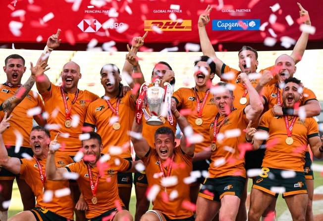 Australia celebrate clinching the World Rugby Sevens Series in Los Angeles in August. Photo: AFP