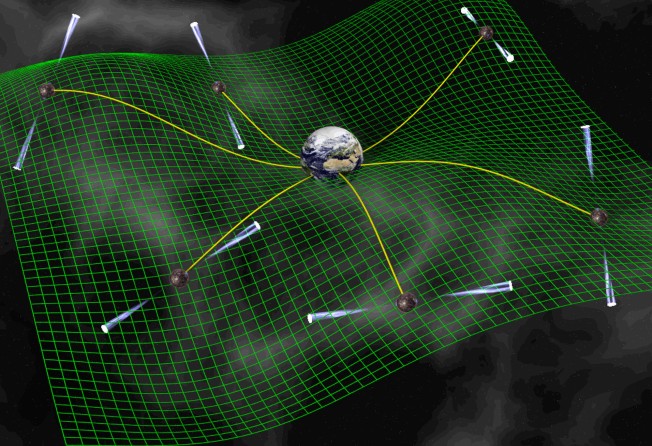 A conception of a pulsar timing array with a gravitational wave background depicted as a warping of the grid. Photo: David J. Champion