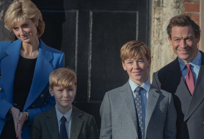 From left, Elizabeth Debicki, Will Powell, Senan West and Dominic West as Princess Diana, Prince Harry, Prince William and Prince Charles in season five of The Crown. Photo: Netflix/TNS