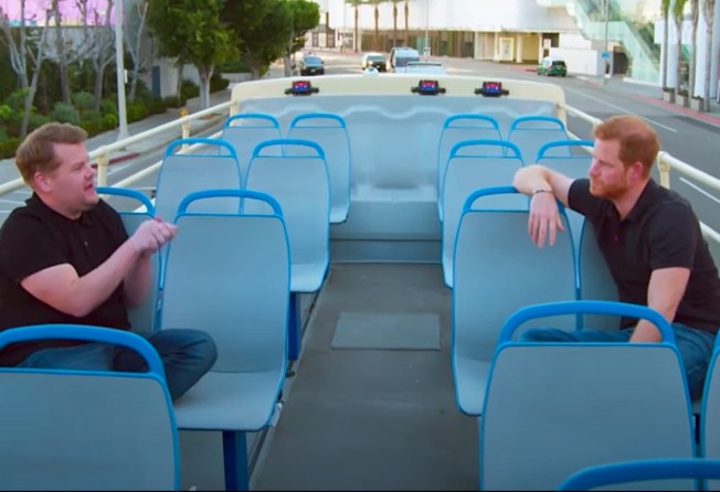 During their interview, James Corden and Prince Harry rode around Southern California on an open top bus. Photo: The Late Late Show with James Corden/YouTube