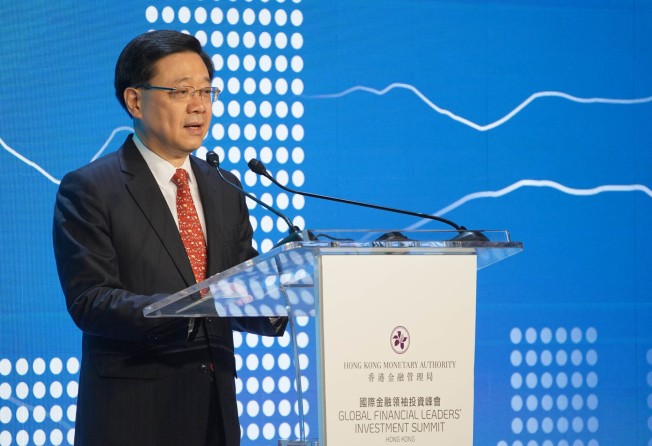 John Lee, chief executive of the Hong Kong Special Administrative Region, addresses the Global Financial Leaders’ Investment Summit. Photo: Xinhua