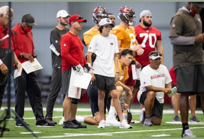 Tom Brady’s son Jack Moynahan joined the Buccaneers as a ball boy. Photo: @NFL_DovKleiman/Twitter