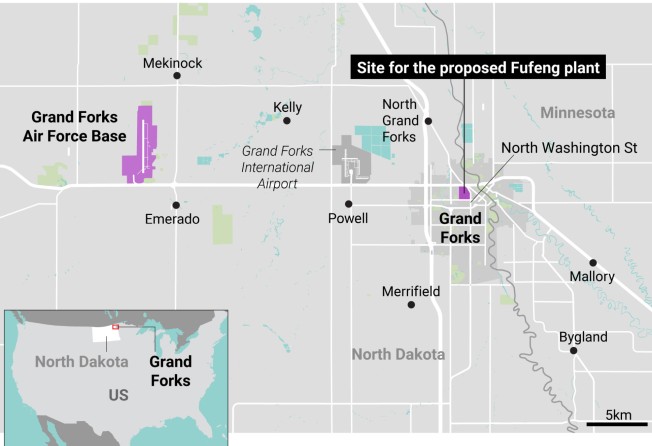 Fufeng’s proposed corn-milling plant is about 12 miles east of Grand Forks Air Force Base. Map: SCMP