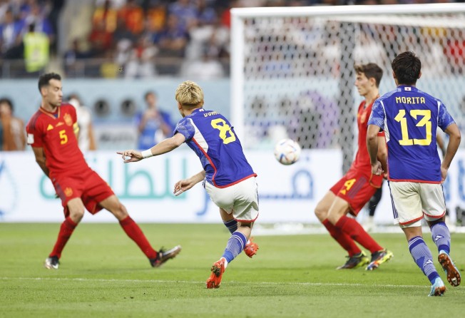 Ritsu Doan scores the equaliser against Spain to start Japan’s comeback. Photo: Kyodo