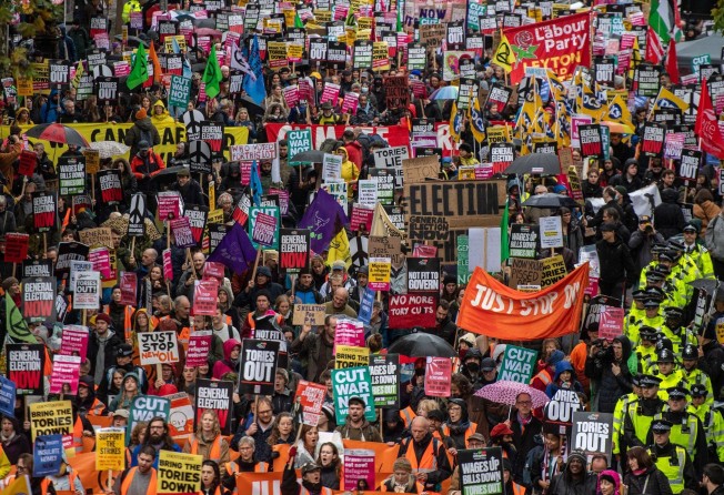 Protesters gather in London on November 5 to demonstrate against “Tory austerity” and call for action on the cost-of-living crisis during a rally organised by The People’s Assembly Against Austerity. Photo: Bloomberg