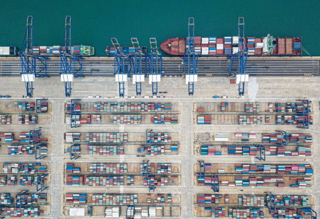 An aerial view of the international container terminal in Yangpu, Hainan Province. Photo: Xinhua