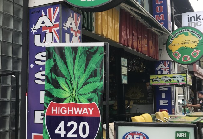 Marijuana signs are now omnipresent in Phuket – even outside this Australian-style pub. Photo: Dave Smith