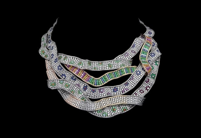 Diamonds, emeralds, rubies, sapphires, paraiba-like tourmalines and precious gems adorn the Dior Print high jewellery necklace. Photo: Dior