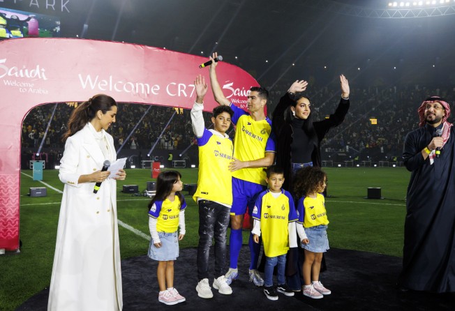 Cristiano Ronaldo, his partner Georgina Rodriguez, and their children wave to the crowd at Al Nassr’s Mrsool Park stadium. Photo: Handout