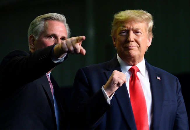 Then US President Donald Trump and congressman Kevin McCarthy deliver remarks at an event in Bakersfield, California, in February 2020. Photo: TNS