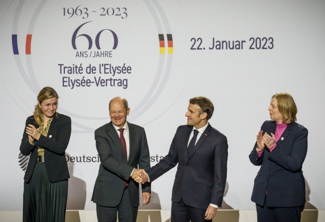 (From left) President of the French National Assembly Yael Braun-Pivet, German Chancellor Olaf Scholz, President of France Emmanuel Macron and President of the Bundestag Barbel Bas attend a ceremony marking the 60th anniversary of the Elysée Treaty at the Sorbonne on Sunday. Photo: dpa