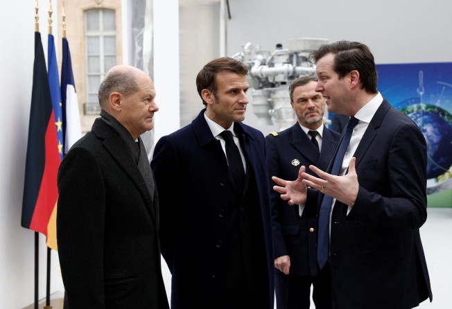 French President Emmanuel Macron and German Chancellor Olaf Scholz attend the presentation of Franco-German industrial projects at the Elysee Palace in Paris on Sunday. Photo: Reuters