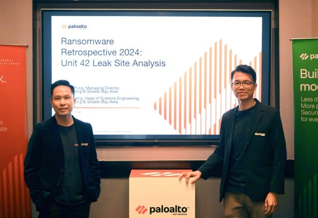 Palo Alto Networks’ Wickie Fung, managing director for Hong Kong and the Greater Bay Area, and Felix Cheng, head of systems engineering, at a press conference on the rise of ransomware attacks on March 13, 2024. Photo: Kelly Le