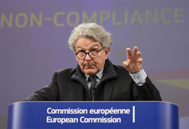 European Commissioner for Internal Market Thierry Breton addresses a media conference regarding the Digital Markets Act at EU headquarters in Brussels in March. Photo: AP