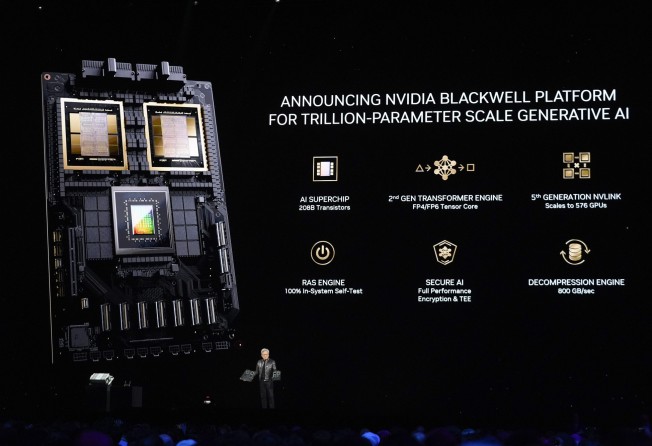 Nvidia chief executive Jensen Huang unveils the company’s new graphics processing unit design, called Blackwell, that is multiple times faster at handling artificial intelligence projects at an event in San Jose, California, on March 18, 2024. Photo: AP