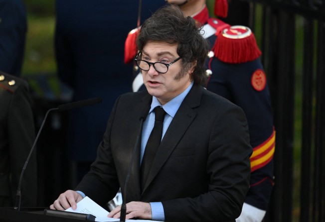 Argentina’s President Javier Milei delivers a speech during a ceremony to commemorate the 43rd anniversary of the war between Argentina and the United Kingdom over the Malvinas/Falkland Islands at the Cenotaph to the Fallen of the Malvinas War in Buenos Aires on Wednesday. Photo: AFP