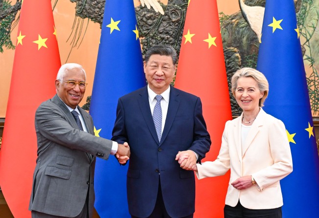 President Antonio Costa (left) and European Commission President Ursula von der Leyen (right) shake hands with Chinese President Xi Jinping (centre) at the Great Hall of the People in Beijing on Thursday. Photo: Xinhua