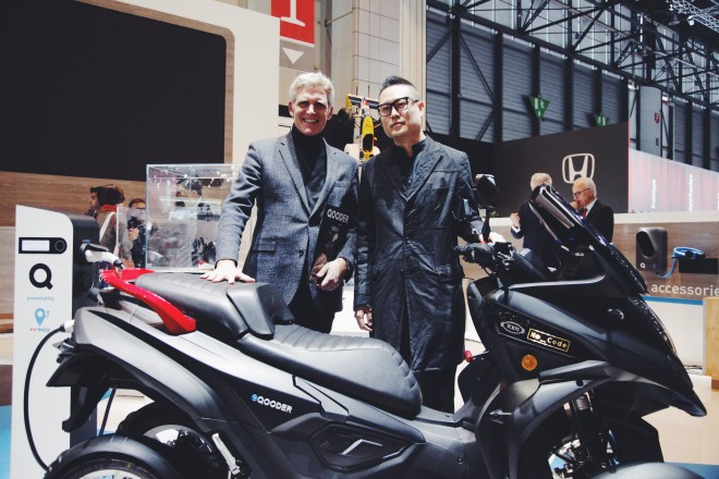 CEO of Quadro Vehicles Paolo Gagliardo (left) introduces the ‘Tailor Made’ Fully Electric Tod’s No_Code Qooder with Yong Bae Seok (right) at the Geneva International Motor Show 2019.