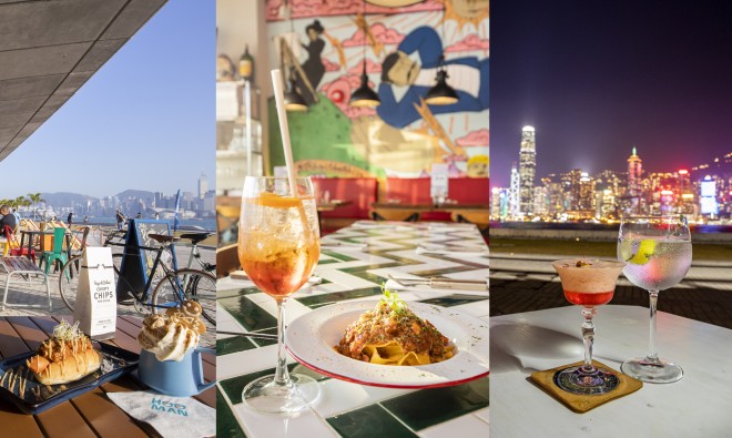 Savour delicious coffee, food and signature cocktails overlooking the iconic skyline at the harbour-side Hooman (left), Café Boheme (centre), and REST (right).