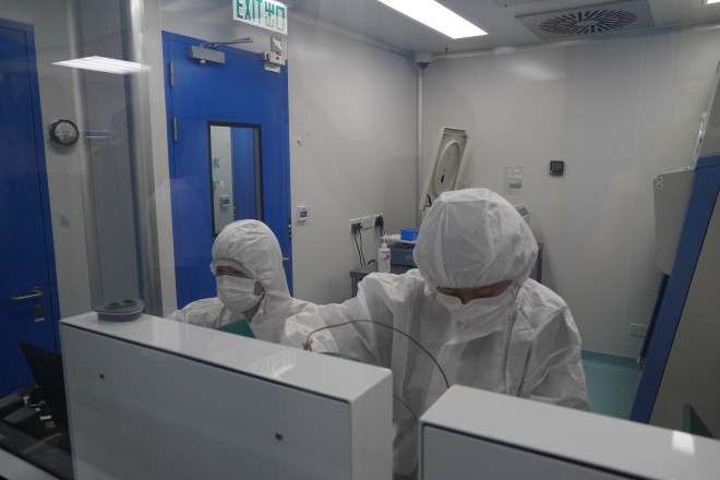 Cord blood units are processed in the clean room.