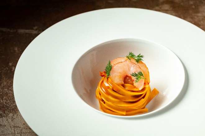 Homemade Fettuccine – prepared daily with Taiyouran eggs and complemented by Sicilian red prawns.