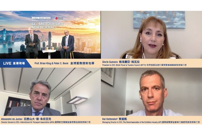 (Top Left) Brian King, Associate Dean, School of Hotel & Tourism Management, The Hong Kong Polytechnic University; Peter C. Borer, COO & Executive Director, The Hong Kong and Shanghai Hotels Limited; (Top Right) Gloria Guevara, President & CEO, World Travel & Tourism Council (WTTC); (Bottom Left) Alexandre de Juniac, International Air Transport Association (IATA); (Bottom Right) Kai Hattendorf, Managing Director & CEO, The Global Association of the Exhibition Industry (UFI).