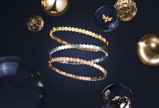 Chaumet’s geometric Bee My Love bracelets in white, yellow and rose gold are ideally suited for independent women leading full lives.