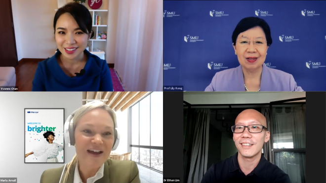 Professor Lily Kong, President at Singapore Management University; Marla Arnall, Asia Consulting Leader at Mercer; Dr. Ethan Lim, Head Clinical and Wellness, Medical Director at Cigna Singapore discussed about how hybrid model can create a win-win situation for both companies and their employees. Photo: Zoom screenshot