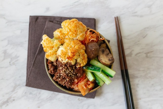 Impossible Korean bibimbap with bulgogi cauliflower.