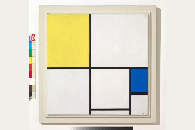 Piet Mondrian, Composition with Yellow and Blue, 1932, oil on canvas. Fondation Beyeler, Riehen/Basel, Sammlung Beyeler; acquired with a contribution from Hartmann P. and Cécile Koechlin-Tanner, Riehen. Photo: Robert Bayer. ©2020Mondrian/Holtzman Trust.
