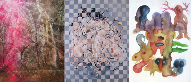 Left: Karen Shiozawa, Crystal Church, 2022. Acrylic and oil on panel. Centre: Clément Denis, Rorschach, 2019. Acrylic on woven paper. Right: Fabien Verschaere, Self Portrait, 2021. Watercolour on paper