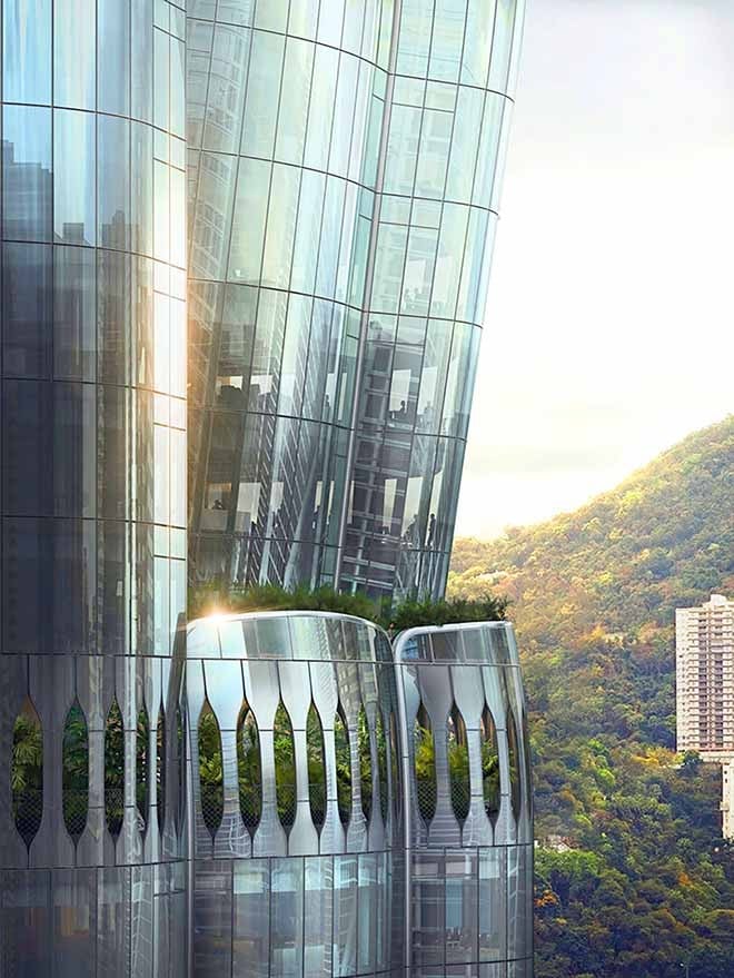The Henderson features a sculptural glass façade (a first for Hong Kong) that resembles a blossoming flower bud. (Rendering by Cosmoscube)