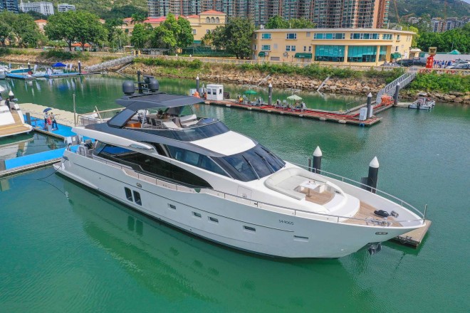 A stunning fleet of luxury yachts on display at the marina.