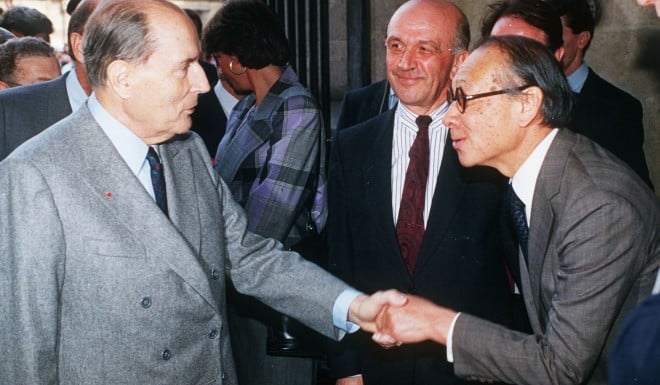 President François Mitterand (left) admired Pei (right) for his design of the East Building at the National Gallery of Art in Washington.