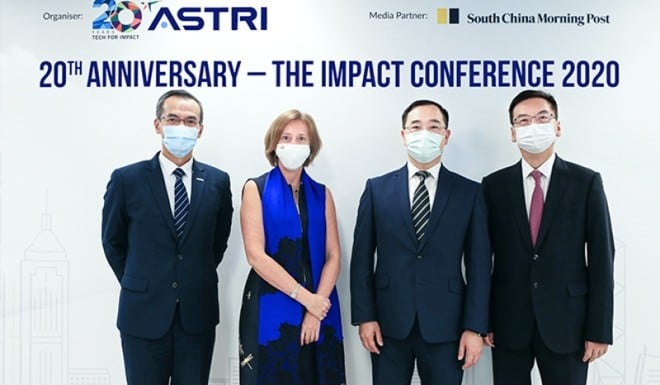ASTRI’s IMPACT Conference 2020 featured six panel discussions throughout the day, the first of which featured: Mr Raymond Cheng, Former Group General Manager & Chief Operating Officer, Asia Pacific, HSBC (right); Ms Bénédicte Nolens, Head, BIS Innovation Hub Centre, Hong Kong Centre; and Mr Colin Pou, Executive Director (Financial Infrastructure), Hong Kong Monetary Authority (second right). It was moderated by ASTRI CEO Mr Hugh Chow.