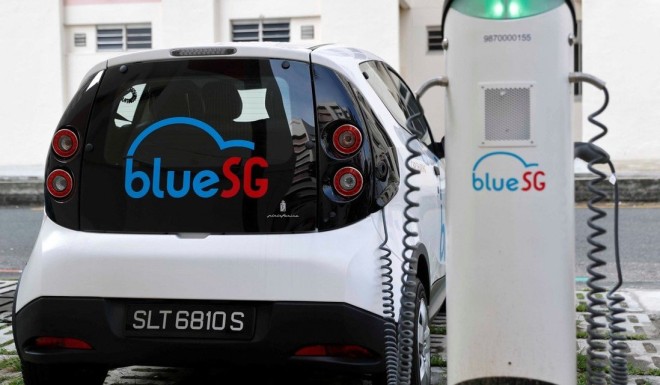 A BlueSG electric car-sharing vehicle at a charging station in Singapore. Photo: Reuters