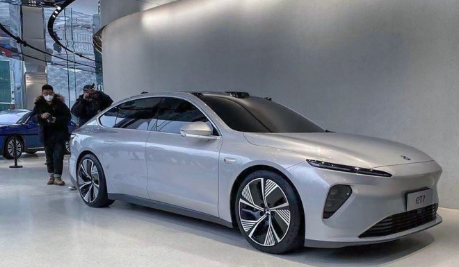 The latest ET7 on display at NIO House on Tianfu Avenue in Chengdu, China on January 9, 2021. Photo: Daniel Ren