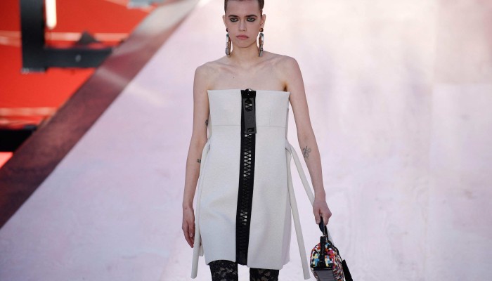 Paris, France on October 5, 2021. Details, accessories, handbags and shoes  on the runway at the Louis Vuitton fashion show during Spring/Summer 2022  Collections Fashion Show at Paris Fashion Week in Paris