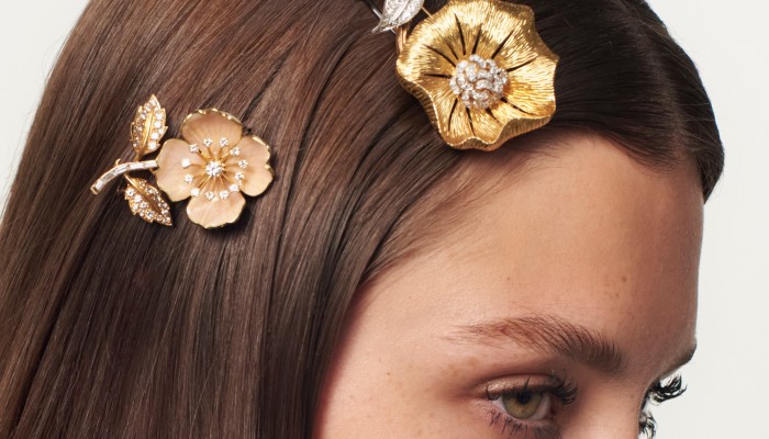 Prada Crystal Embellished Logo Hair Clip in Brown