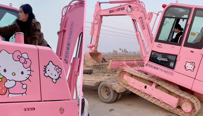 China excavator driver paints digger in pink Hello Kitty style 'to