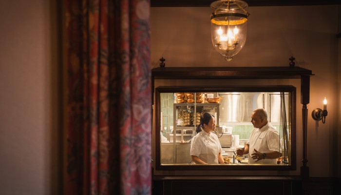 Theign Phan (left), executive chef of Grand Majestic Sichuan, and chef Palash Mitra, of Prince and the Peacock, in the latter’s Tai Kwun kitchen. Photo: Alexander Mak