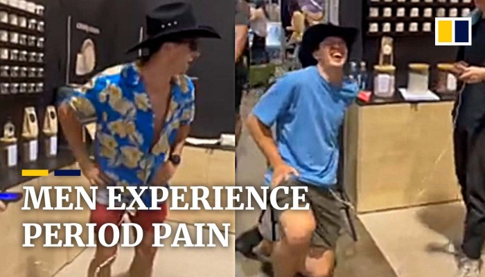 Watch as men experience period pain with a menstrual cramp simulator