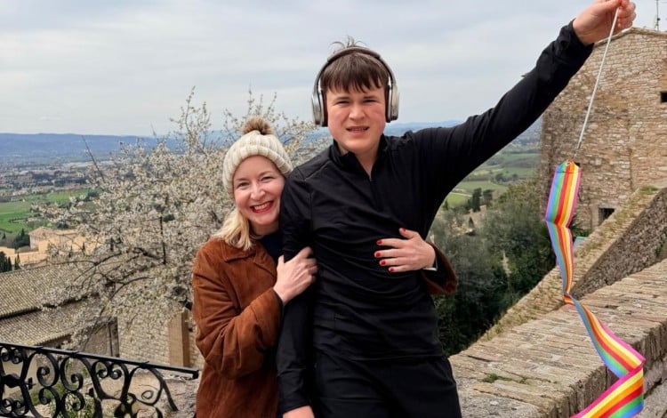 Talos Foundation founder Mary Schaus is pictured with her son Alex, who was diagnosed with autism at the age of three, on holiday in Assisi, Italy, in March 2026. Photo: Mary Schaus