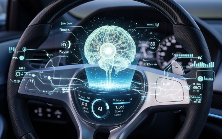 a steering wheel with an ai brain for autonomous driving. Photo: Shutterstock Images
