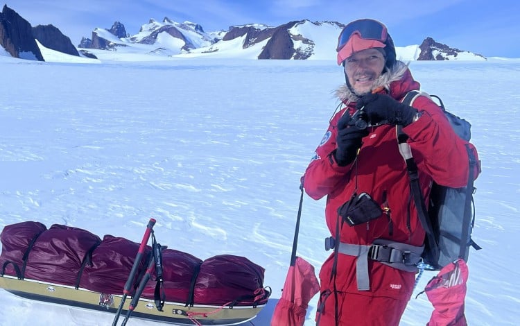 Explore and adventurer Roland Krueger is pictured with his expedition sledge in Queen Maud Land, which stretches across East Antarctica.